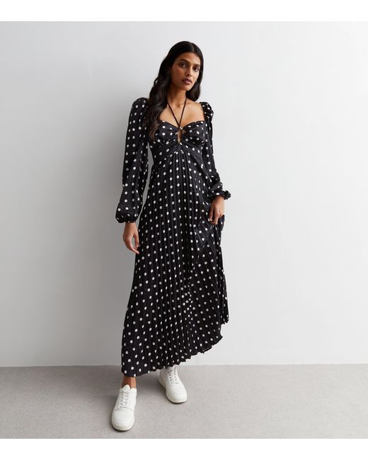 Gini London Black Polka Dot Pleated Cut Out Maxi Dress