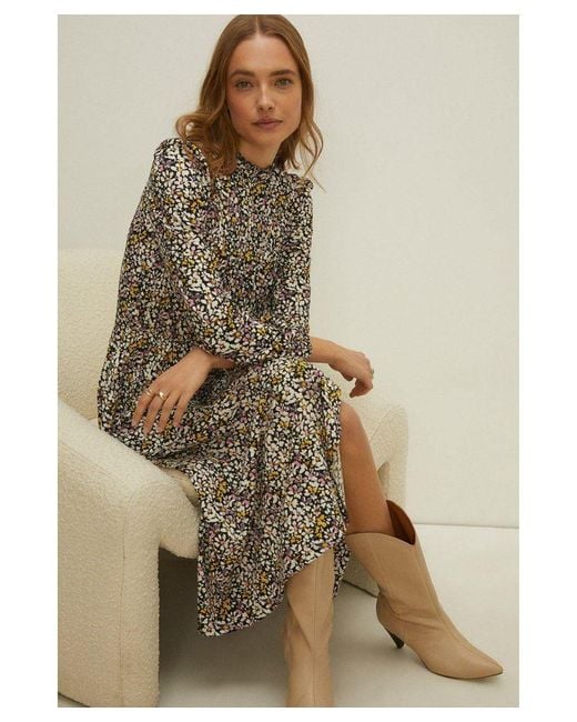 Oasis Brown Floral Print Crinkle Shirred Midi Dress