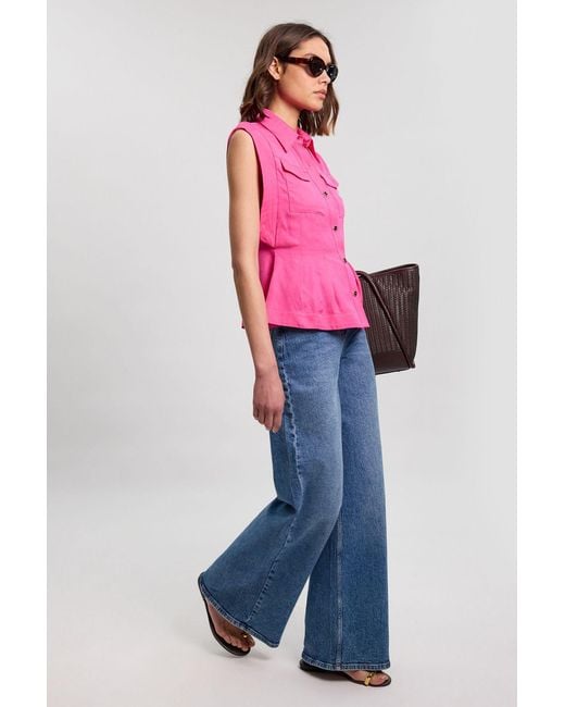 Karen Millen Pink Premium Viscose Linen Topstitch Woven Blouse With Waist Seam Detail