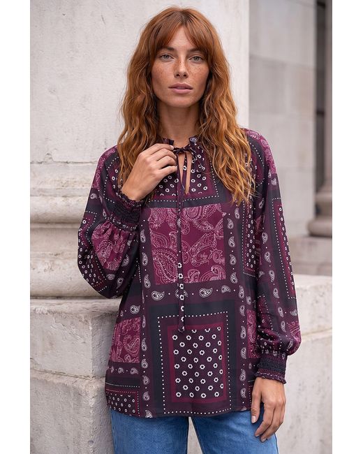 Roman Purple Patchwork Print V-Neck Top