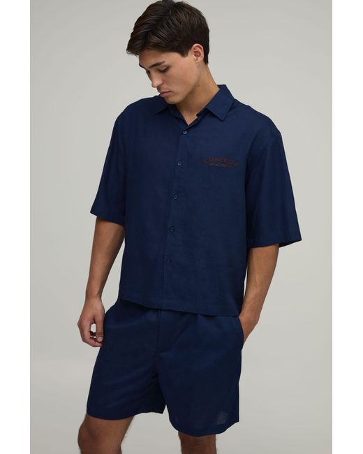 BoohooMAN Blue Linen Embroidered French Riviera Oversized Boxy Shirt & Baggy Shorts Set for men