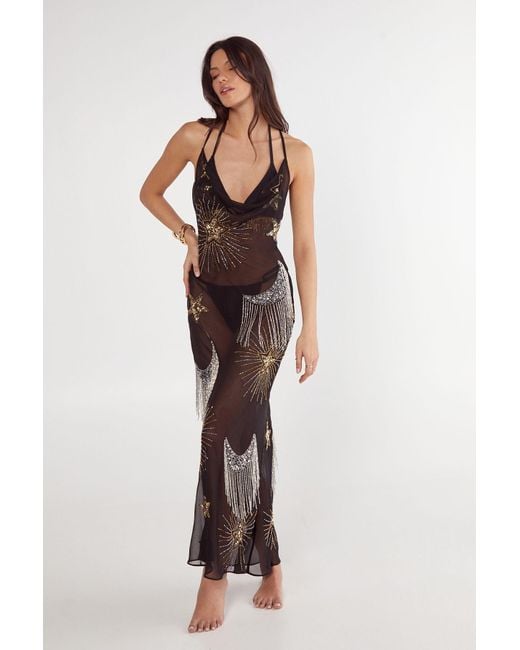 Nasty Gal Celestial Embellished Tassel Detail Cowl Maxi Dress in Black |  Lyst UK