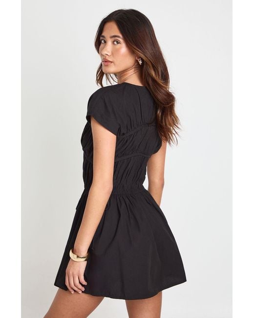 Boohoo Black Cotton Poplin Shirred Front Tie Mini Dress