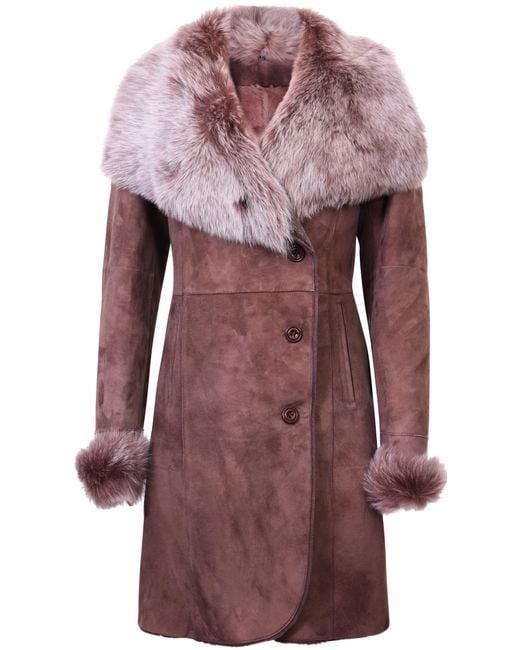 Infinity Leather Red Suede Merino Shearling Coat With Toscana Collar-Hanoi