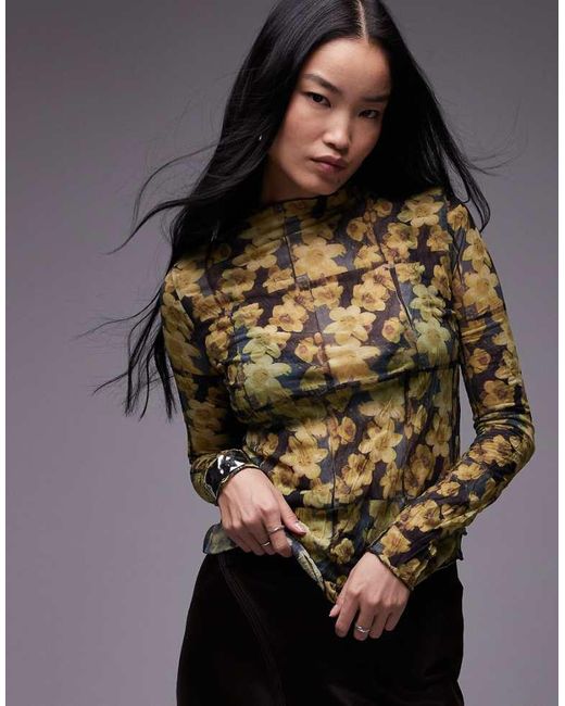 TOPSHOP Gray Daisy Crinkle Long Sleeve Top