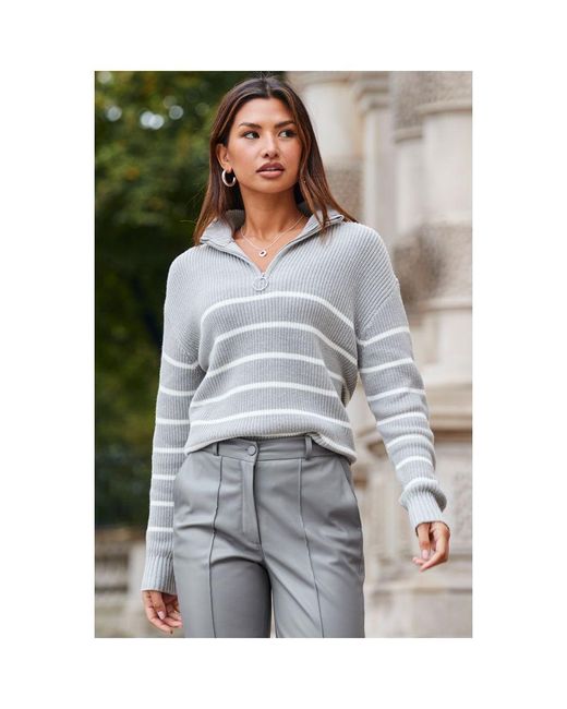 Sosandar Gray Stripe Half Zip Jumper