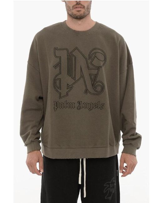 Palm Angels Brown Vintage-Effect Crewneck Sweatshirt With Embossed Monogram for men