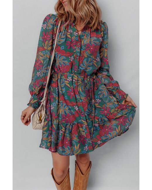 Azura Exchange Green Blumendruck Mini-Kleid Mit Langen Ärmeln Und Bindegürtel