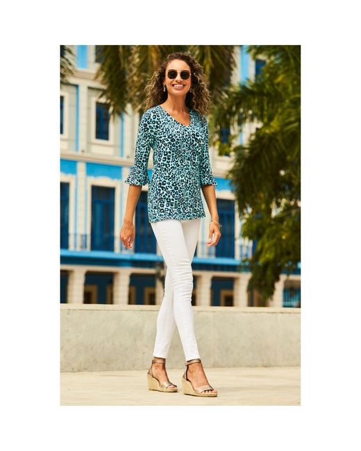 Sosandar Blue Print Fluted Sleeve Top Viscose