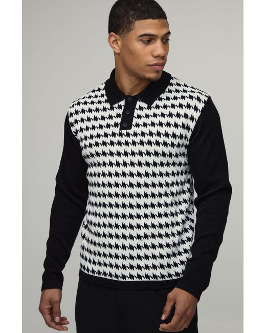 BoohooMAN Gray Regular Fit Houndstooth Knitted Polo for men