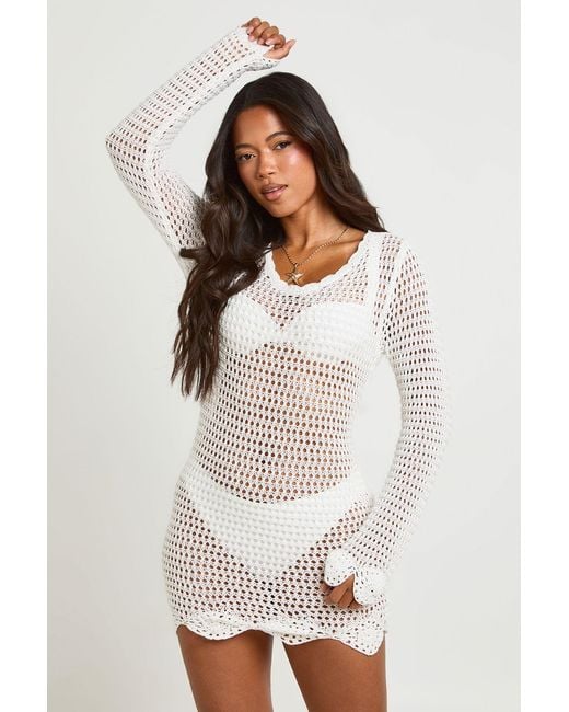 Boohoo White Beach Crochet Knit Long Sleeve Mini Dress