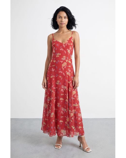 Warehouse Red Floral And Spot Print Cowl Back Maxi Slip Dress