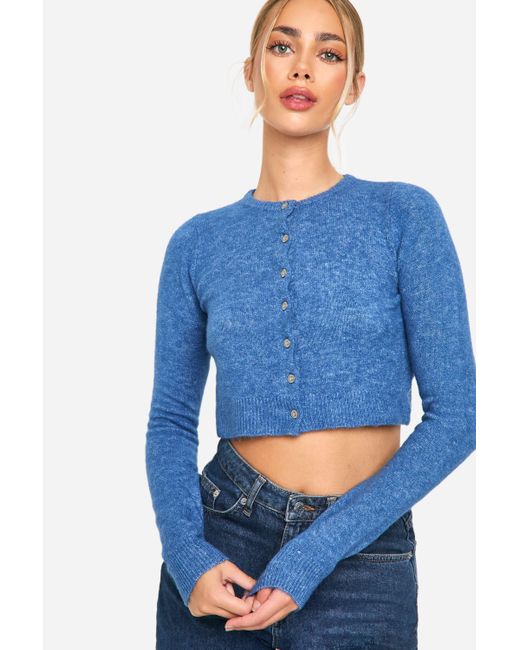 Boohoo Blue Knitted Cropped Button Cardigan