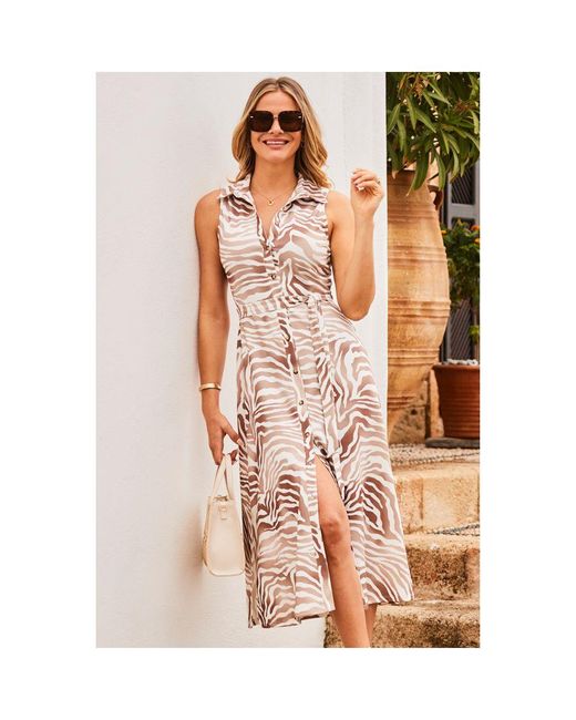 Sosandar Pink Natural Zebra Print Sleeveless Jersey Shirt Dress