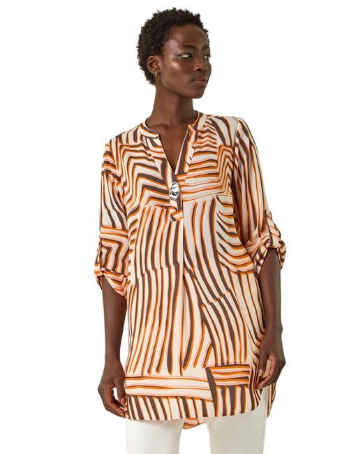 Roman Orange Abstract Linear Print V-Neck Button Top