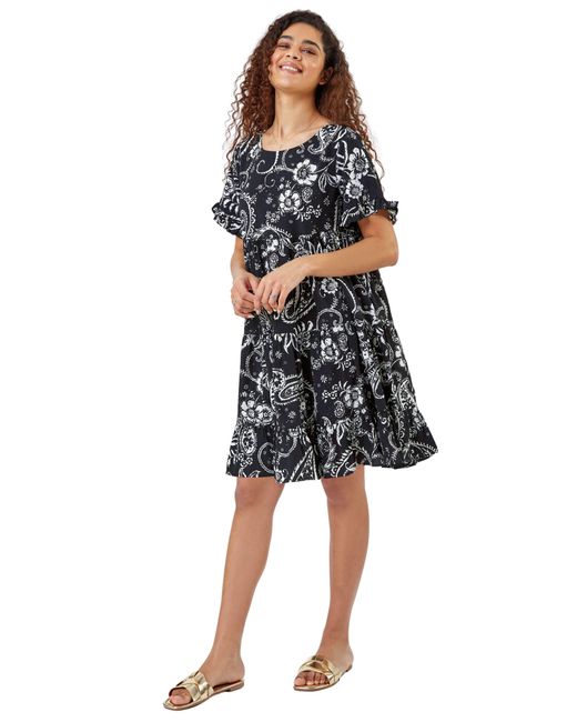 Roman Black Paisley Floral Tiered Smock Dress