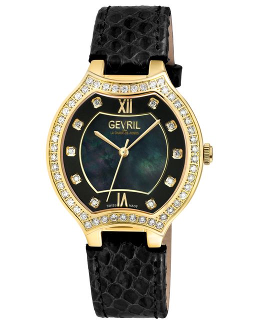 Gevril Black Lugano Swiss Diamond Mop Dial Genuine Italian Handmade Leather Watch