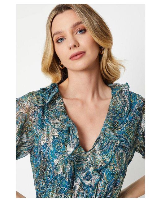 Oasis Blue Paisley Ruffle Metallic Jacquard Tiered Midi Dress