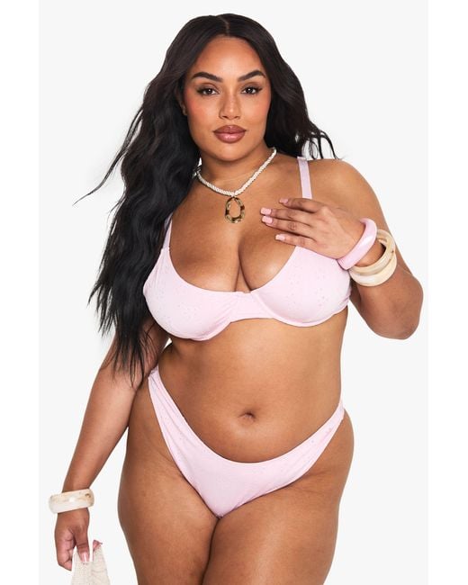 Boohoo Pink Plus Broderie Underwire Bikini Set
