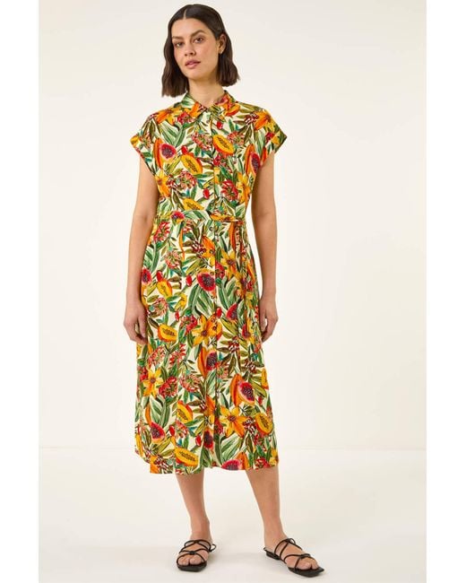 Roman Green Fruit Print Belted Midi Dress