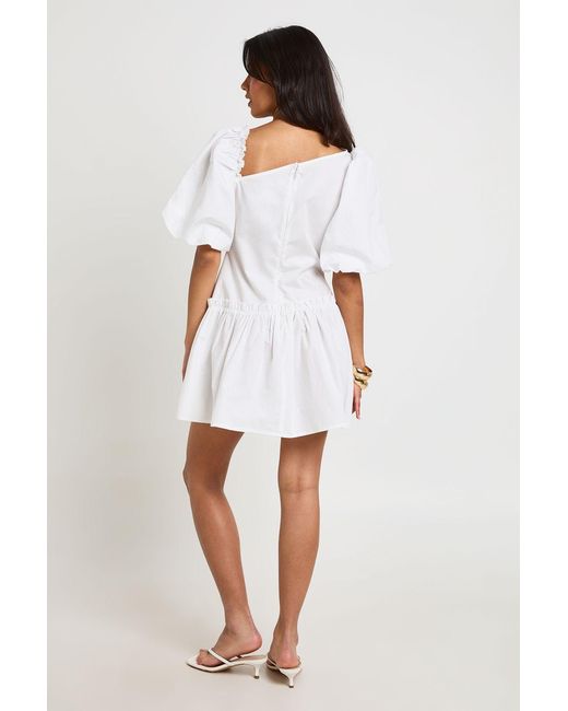 Boohoo White Puff Sleeve Asymmetric Neckline Mini Dress