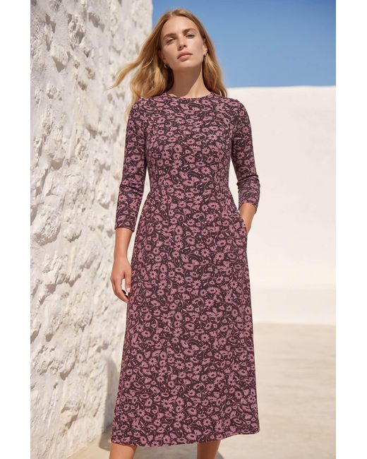 Roman Pink Floral Print Ruched Midi Dress