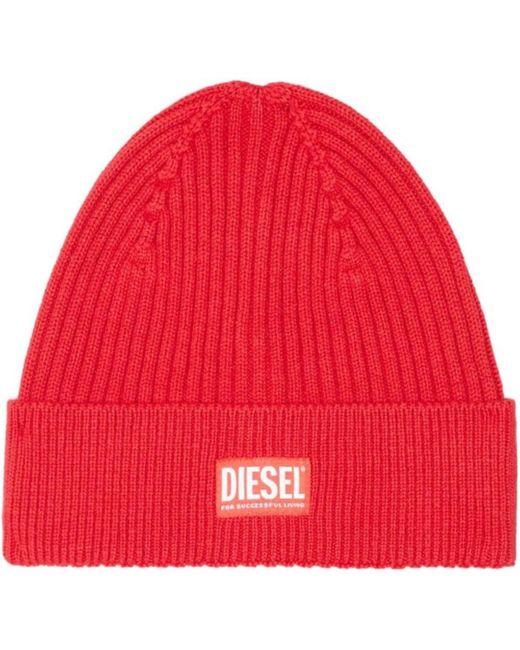 DIESEL Red Patch Logo Beanie Wool for men