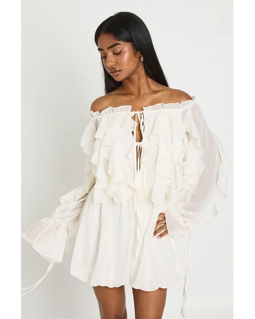 Boohoo Natural Bardot Ruffle Detail Textured Chiffon Playsuit