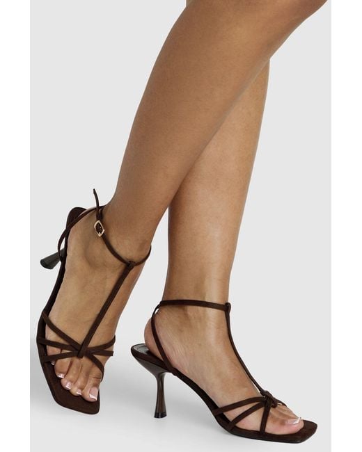 Boohoo Brown Wide Fit Faux Suede Knot Detail T Bar Strappy Heels