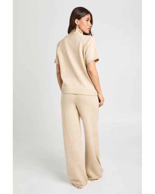 Boohoo Natural High Neck Knitted Top And Wide Leg Trouser Co-Ord