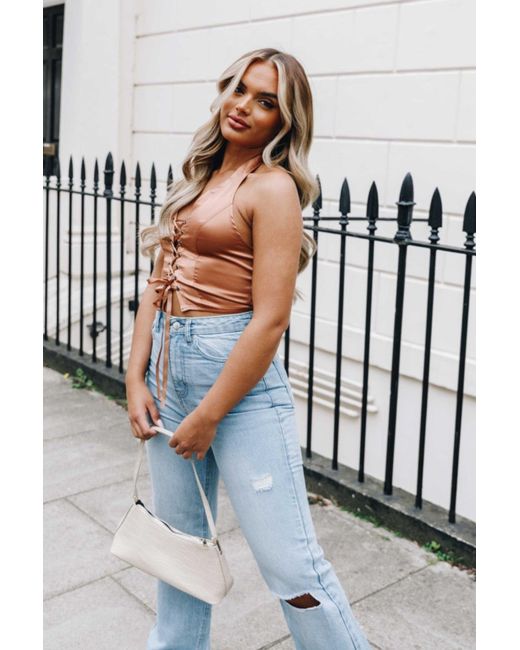Femme Luxe Blue Halterneck Lace Up Crop Top