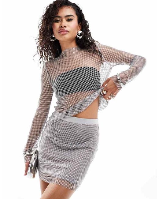 Amy Lynn White Bethan Rhinestone Stretch Net Mini Skirt Co-Ord