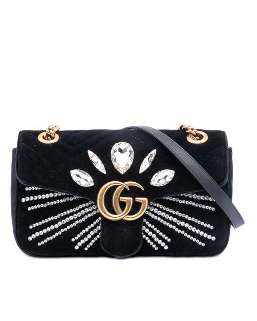Gucci Black Pre-Owned Medium Gg Marmont Matelasse Velvet Crystal Embellished Shoulder Bag