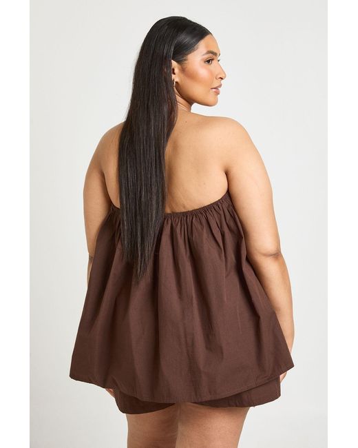 Boohoo Brown Plus Poplin Bandeau Smock Top & Flippy Short