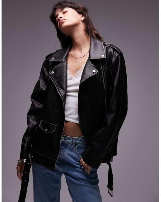 TOPSHOP Gray Super Oversized Faux Leather Biker Jacket
