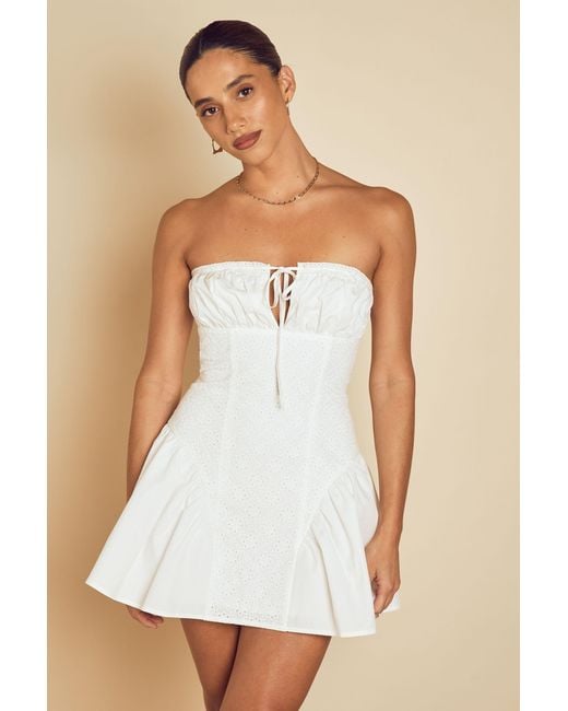 MissPap Natural Broderie Mix Volume Hem Bandeau Mini Dress