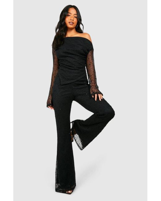 Boohoo Black Petite Textured Knit Flare Trouser