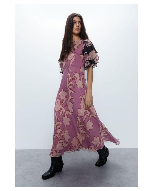 Warehouse Purple Shadow Floral Angel Sleeve Midi Dress