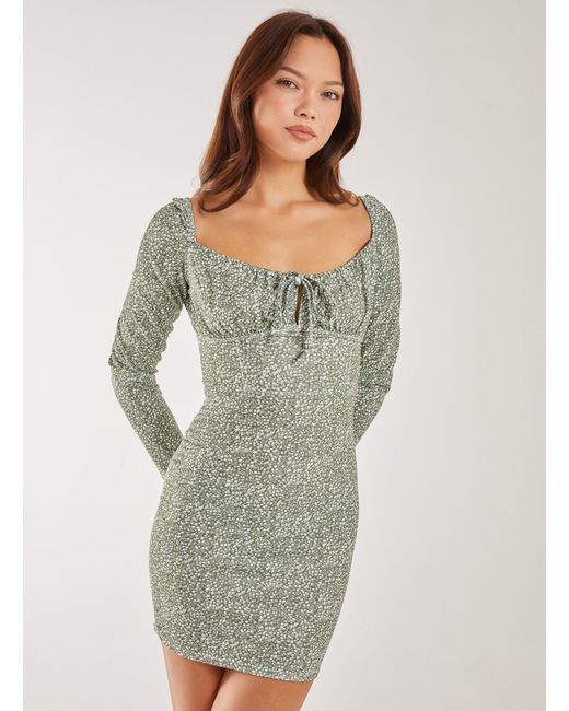 Pink Vanilla Gray Long Sleeve Ditsy Floral Dress