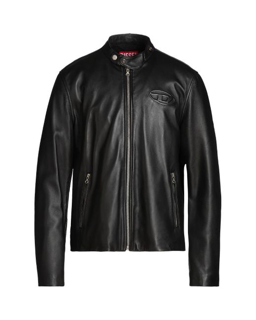 DIESEL Leather Biker Jacket With Distressed Logo in Black for Men
