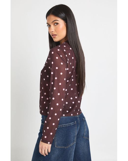 Boohoo Purple Polka Dot Print Mesh Button Through Top