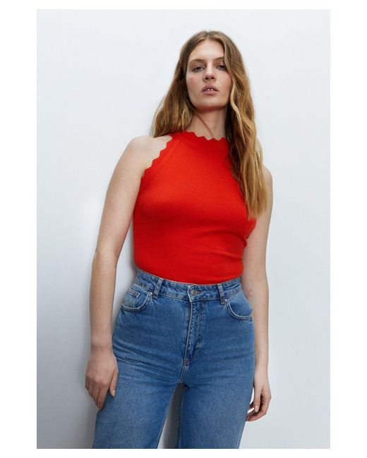 Warehouse Red Jacquard Halter Neck Knitted Top