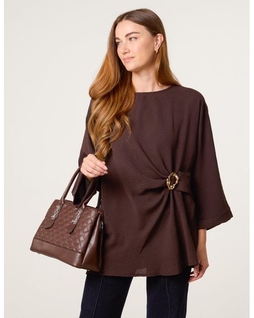 Blue Vanilla Brown Detail Side Gathered Blouse