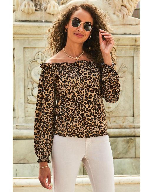 Sosandar Metallic Leopard Print Ruffle Detail Bardot Top