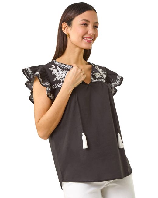 Roman Black Embroidered Tie Front Top
