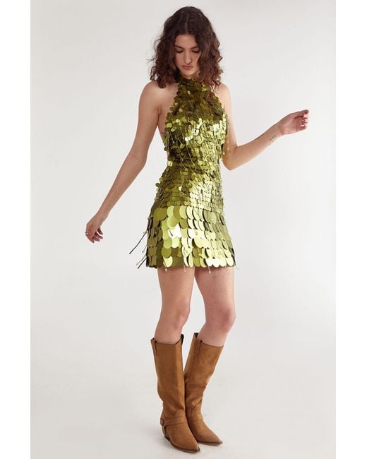 Nasty Gal Yellow Disc Sequin Tassel High Neck Mini Dress