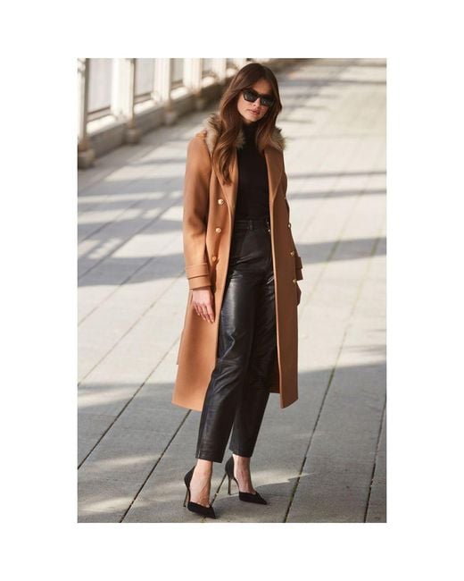 Sosandar Gray Camel Longline Faux Wool Trench Coat With Fur Collar