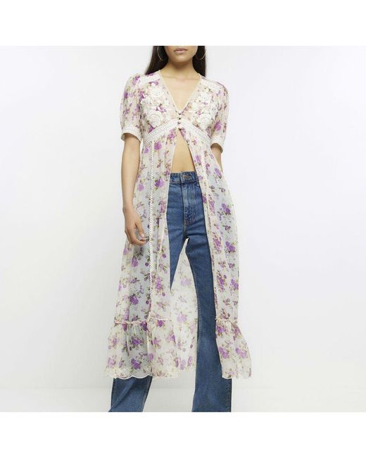 River Island Blue Cover Up Cream Floral Print