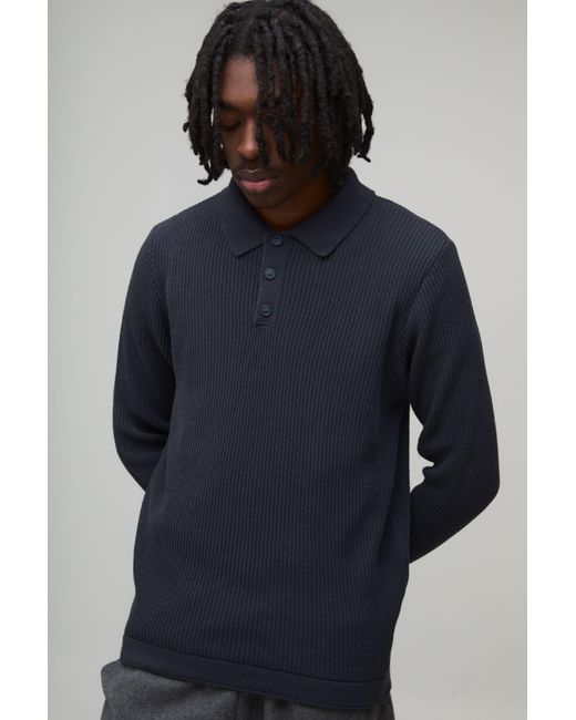 BoohooMAN Blue Regular Fit Button Neck Waffle Long Sleeve Knitted Polo for men