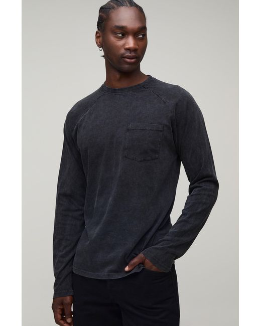 BoohooMAN Blue Tall Essential Washed Regular Fit Raglan Long Sleeve Front Pocket T-Shirt for men